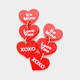 Be Mine Love You XOXO Message Triple Resin Heart Link Dangle Earrings